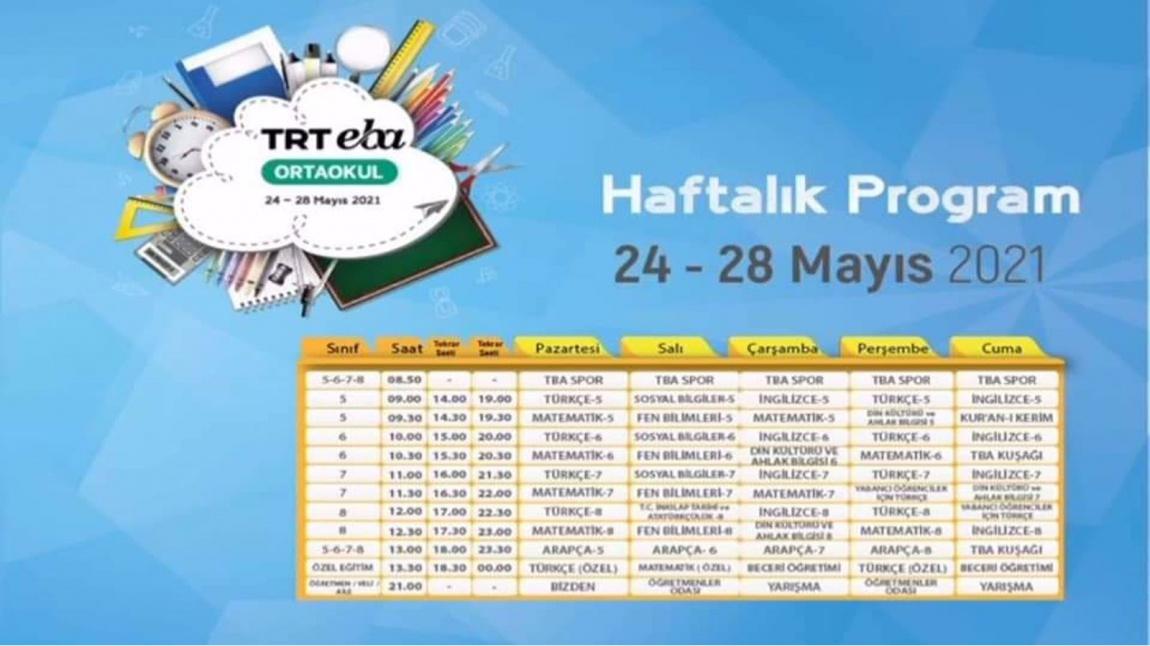 TRT EBA Ortaokul Haftalık Program (24-28 Mayıs 2021)